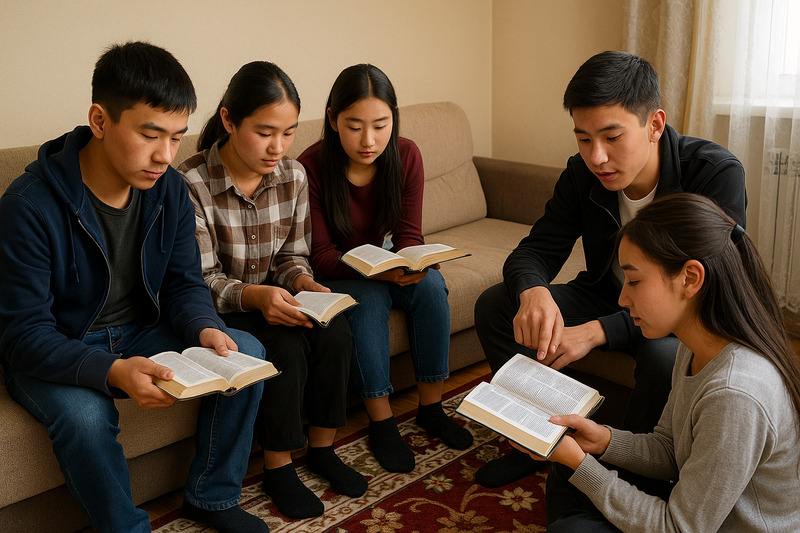 A group of kyrgyzian young people reading the Bible